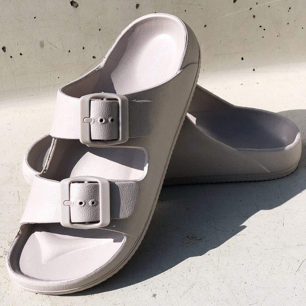 NEW Adjustable Double Buckled Straps Comfy Slides Slippers Sandals Warm Gray - Picture 9 of 13